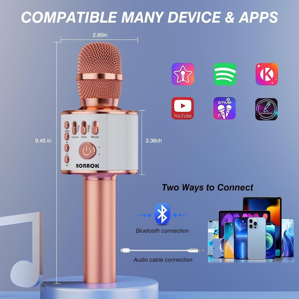 Rose Gold Wireless Bluetooth Karaoke Microphone 3-in-1 Portable Speaker