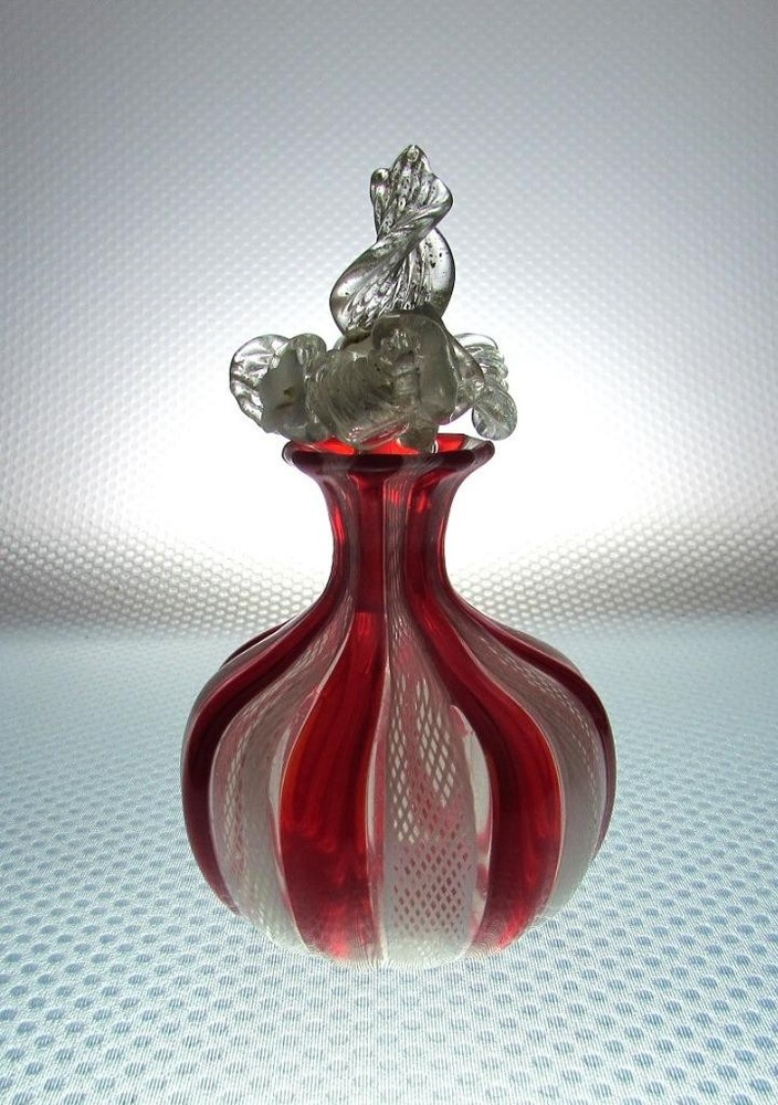 Murano Art Glass Latticino Ruby Red and White
