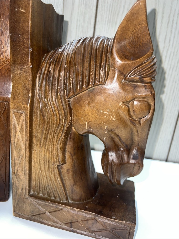 Vintage Pair Monkey Pod Solid Wood Horse Bookends Rustic GUC