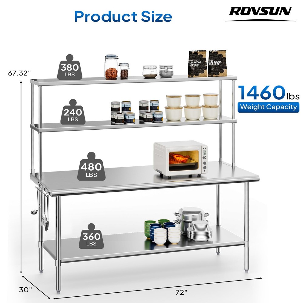 NSF Certified Stainless Steel Work Table with Removable Overshelf & Undershelf