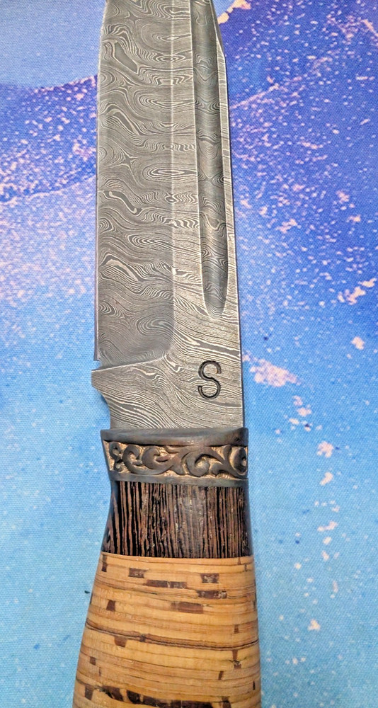 Handmade Voykar HT Damascus Birch Bark Olamic Fixed Blade Knife