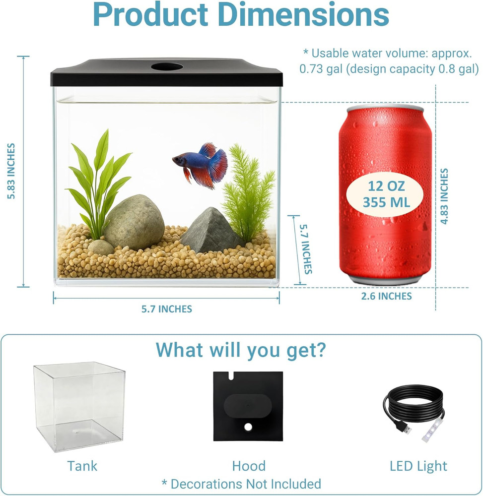 0.8-Gallon Cube Fish Bowl Shatterproof Plastic LED Lighting Temporary Tank