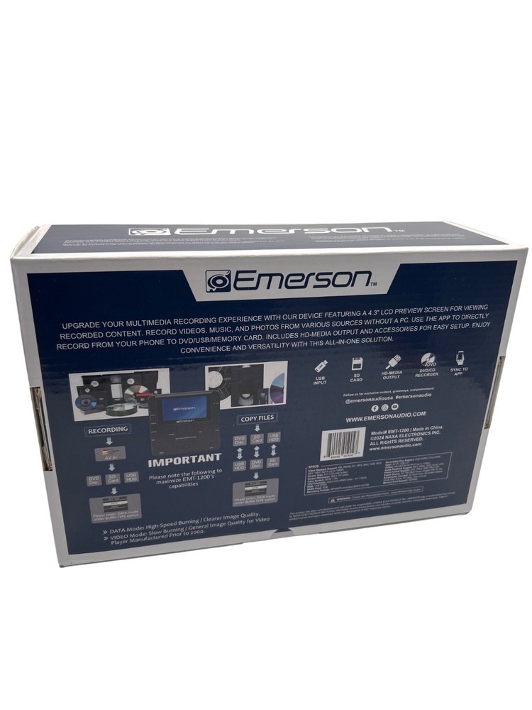 Emerson EMT-1200 Multi-Function Media Recorder DVD USB AV SD Card Input New