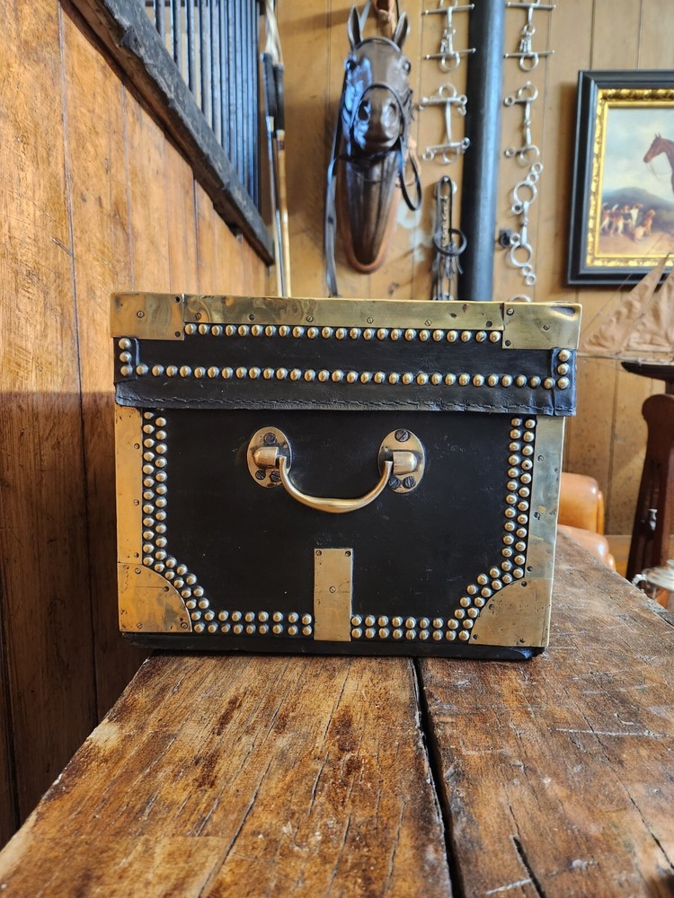 Antique Black Brass Rivetted Wooden Solid Trunk.
