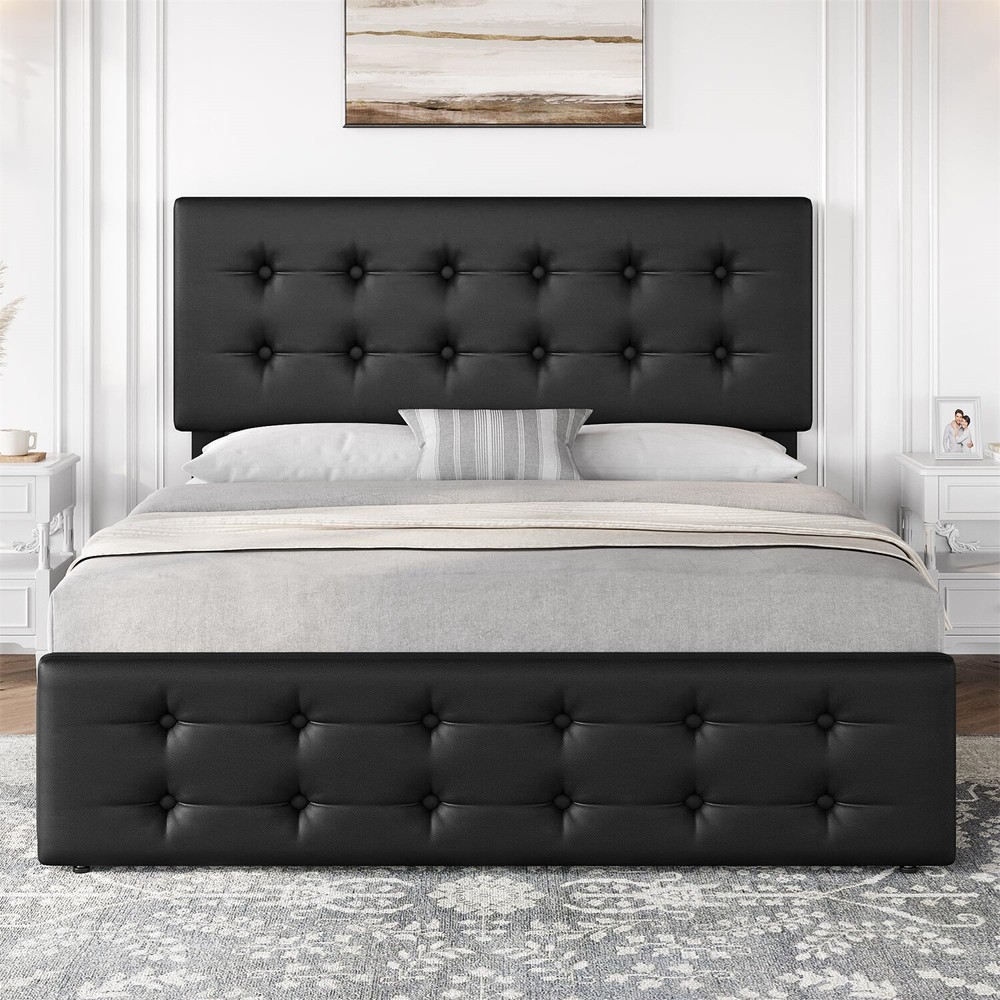 🎱✅Full Size Bed Frame with 4 Storage Drawers and Headboard Upholstered Platform