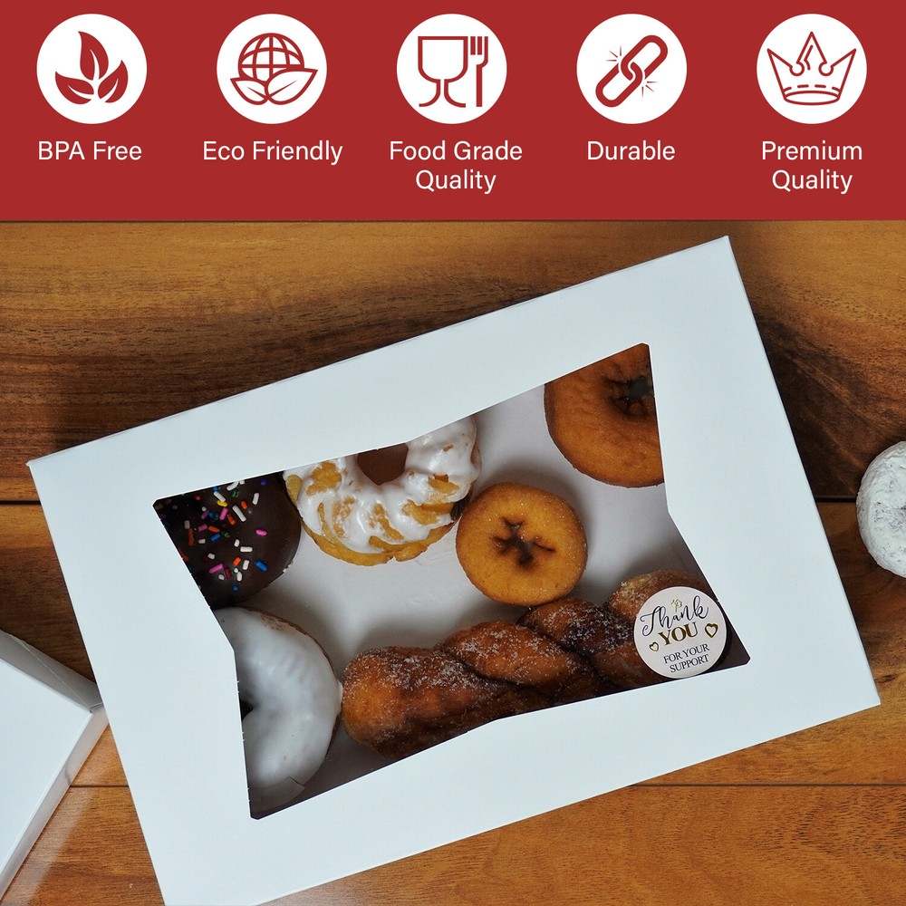Bakery Boxes with Window [20-Pack] 12x8x2.25” | White Auto-Popup Donut Boxes