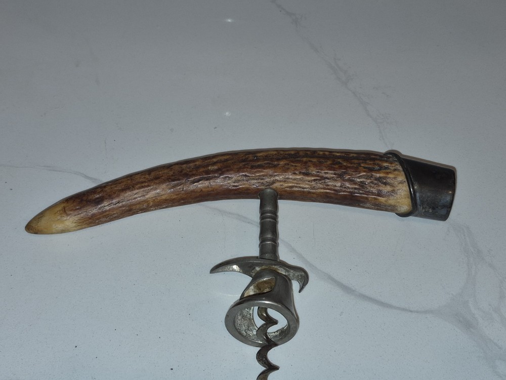 Antique Antler Corkscrew with Sterling Silver End-cap 8.5" Wide