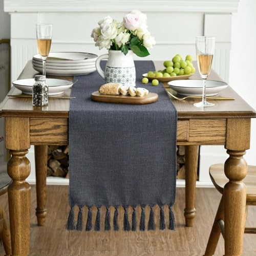 Tassel Table Runner, Linen Blend Rustic 13" x 48", Table Runner Graphite Grey