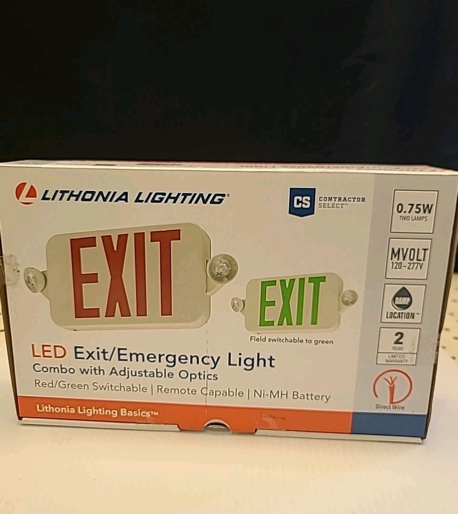 LITHONIA LED EXIT & EMERGENCY LIGHT SIGN COMBO ADJUSTABLE OPTICS RED/GREEN NEW