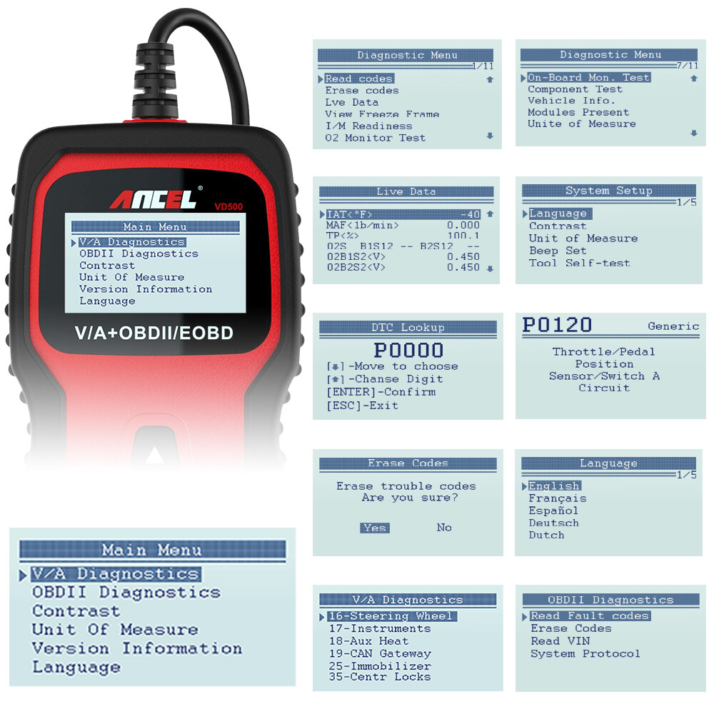 ANCEL VD500 OBD II Full System Check Engine Light EPB ABS SRS Diagnostic Scanner