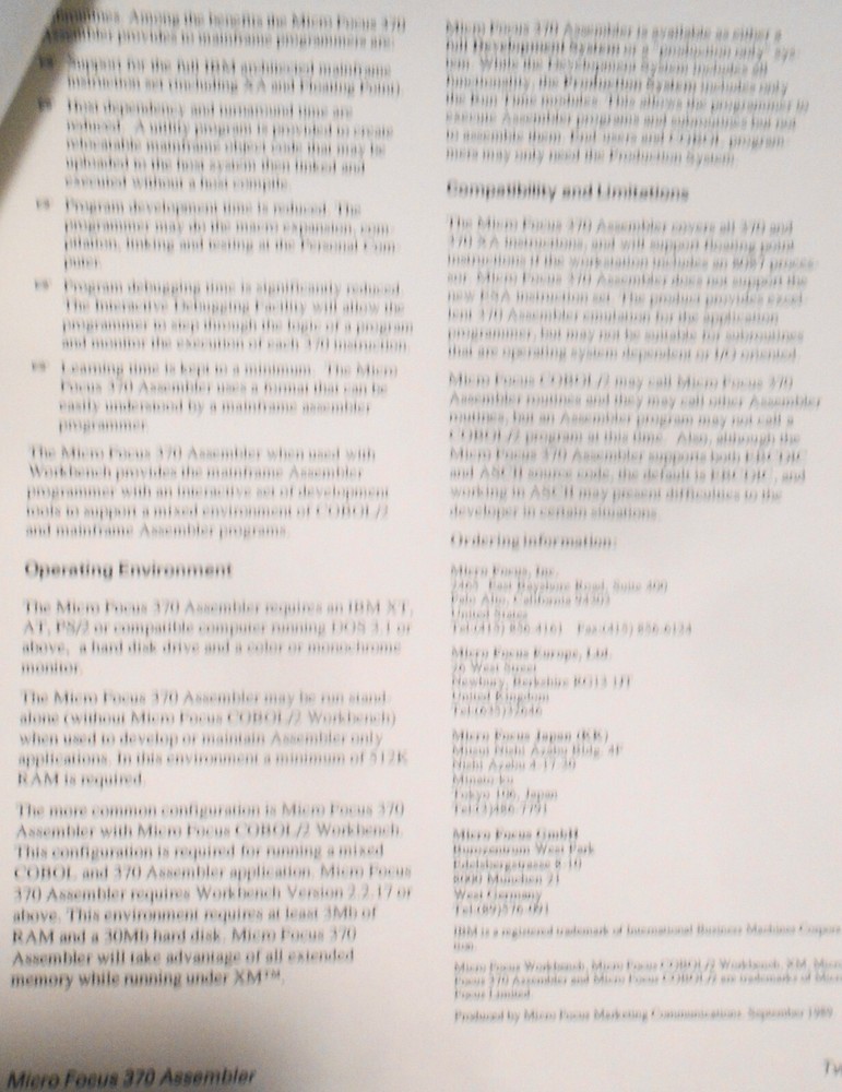 Micro Focus COBOL - 4 Brochures, 1989: Dialog System, 370 Assembler, Data Tools