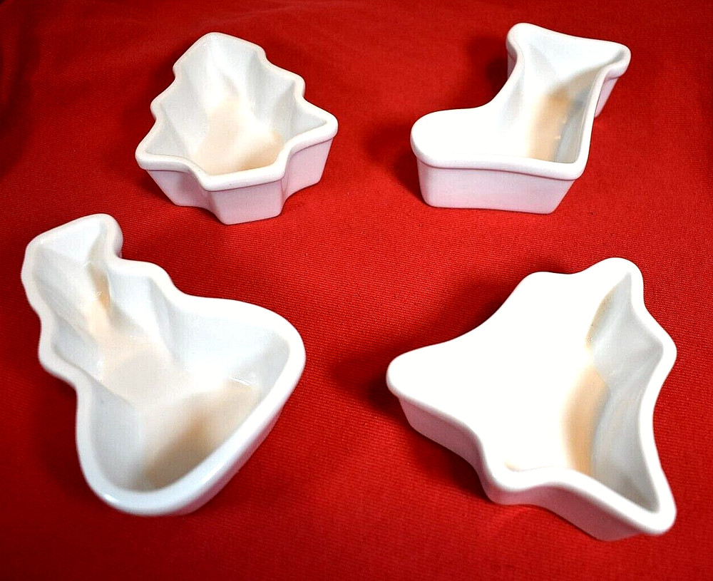 White Holiday Themed Ceramic Dishes- Bell, Tree, Stocking, Snowman (4)
