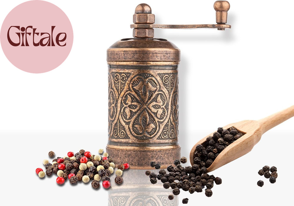 Decorative Handmade Black Pepper Grinder, Refillable Turkish Spice Mill with Adj