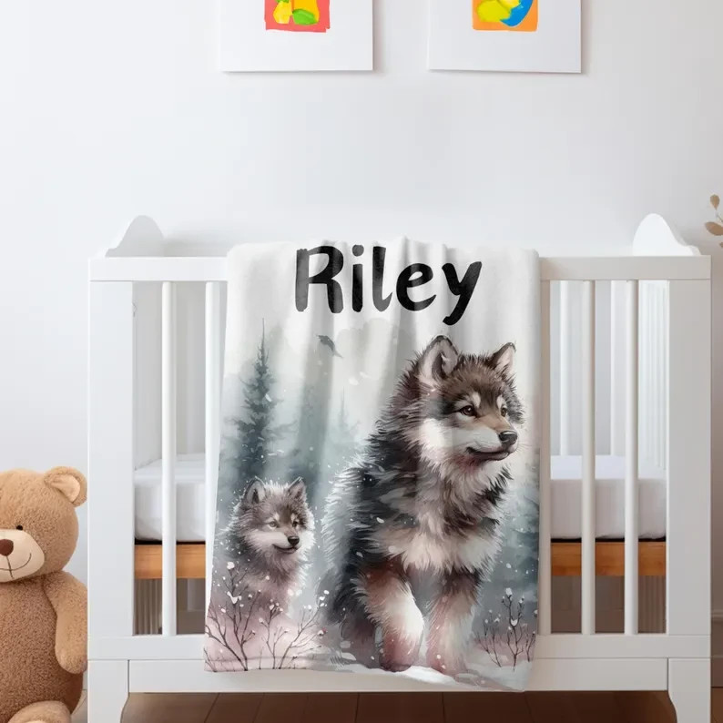 Personalized Wolf Blanket: Animal Print Throw, Wildlife Nursery Decor