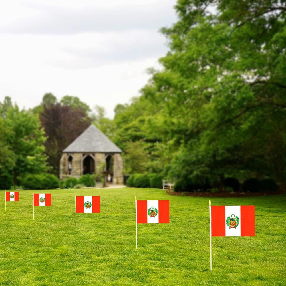 Peru Small Flag Peruvian Stick Mini Hand Held Flags - Solid Wooden Pole with Spe