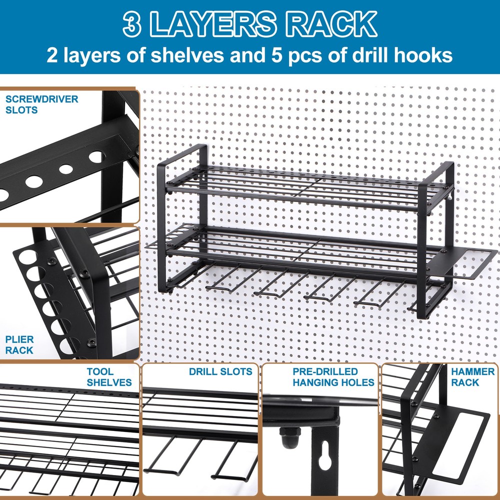 Power Tool Organizer 3 Layers 5 Drill Storage Racks Wall Mount Style Hooks
