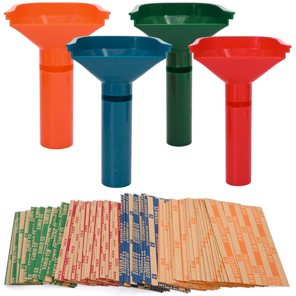 150 Assorted Flat Striped Coin Wrappers 4 Coin Sorters Tubes Color Coded