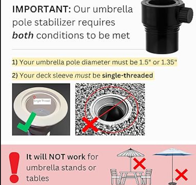 Umbrella Pole Stabilizer reducer threaded adapter insert for Baja Deck Pool Slee