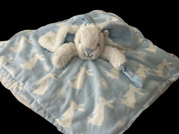 Blankets & Beyond Blue White Bunny Lovey Pacifier Security Blanket