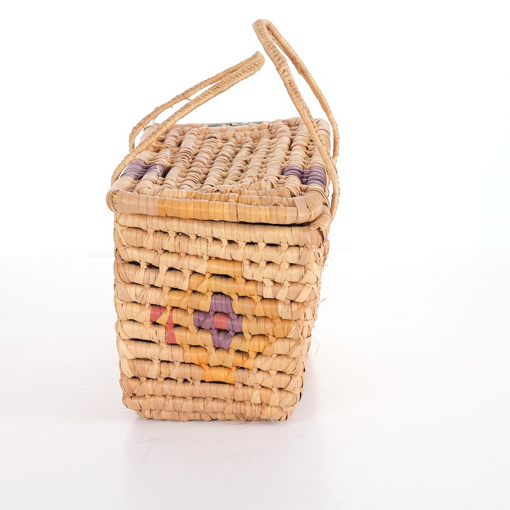 Multi-Colored Straw & Reams Floral Pattern Picnic Basket