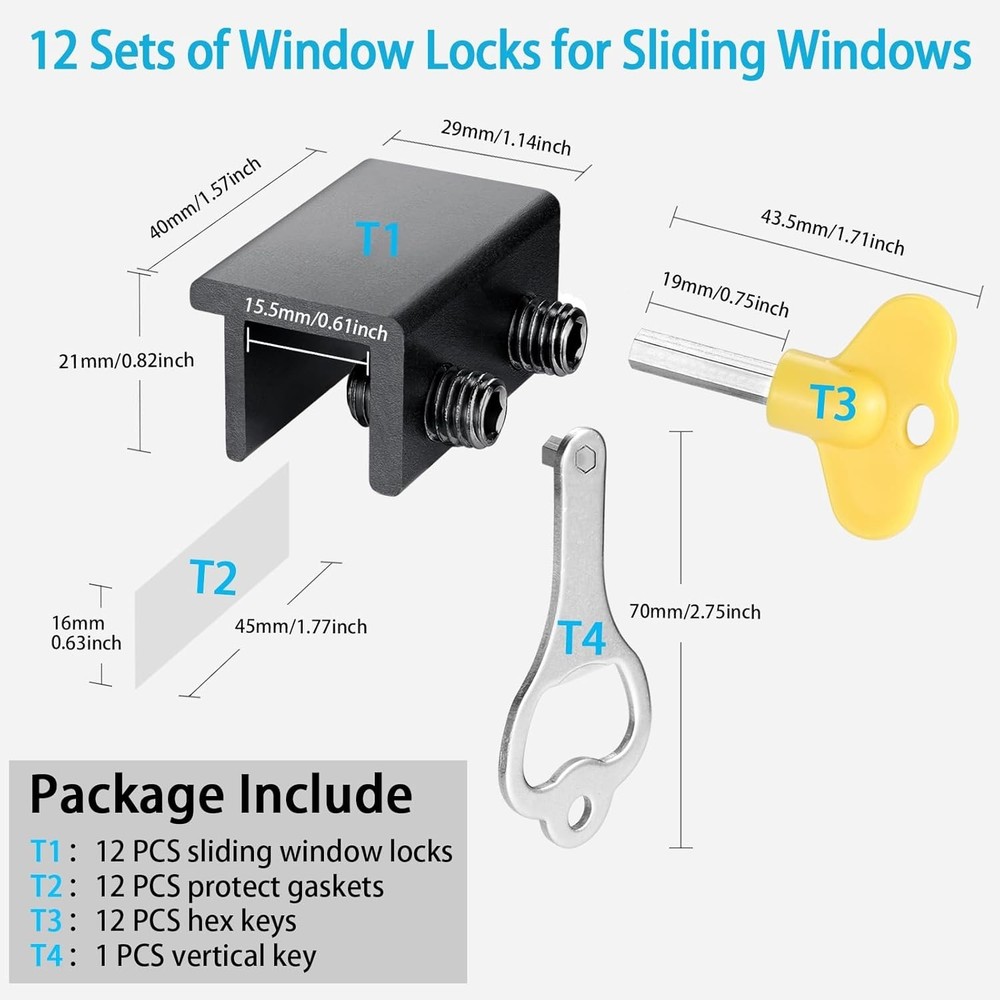 Adjustable Security Window Locks, 12 Pack - Black
