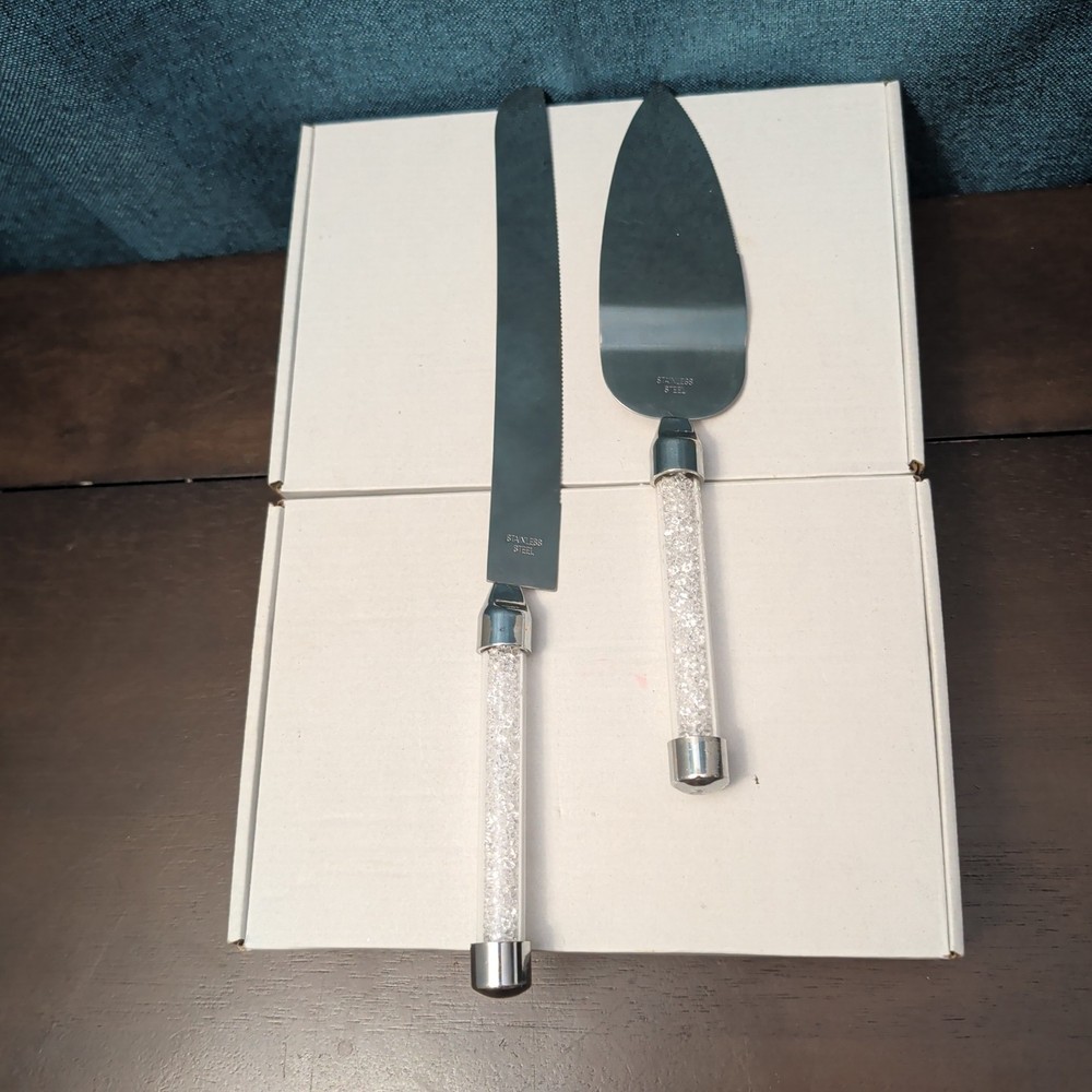Mr & Mrs Wedding Cake Server Knife Set | Crystal Filled Bling Handle Stainless