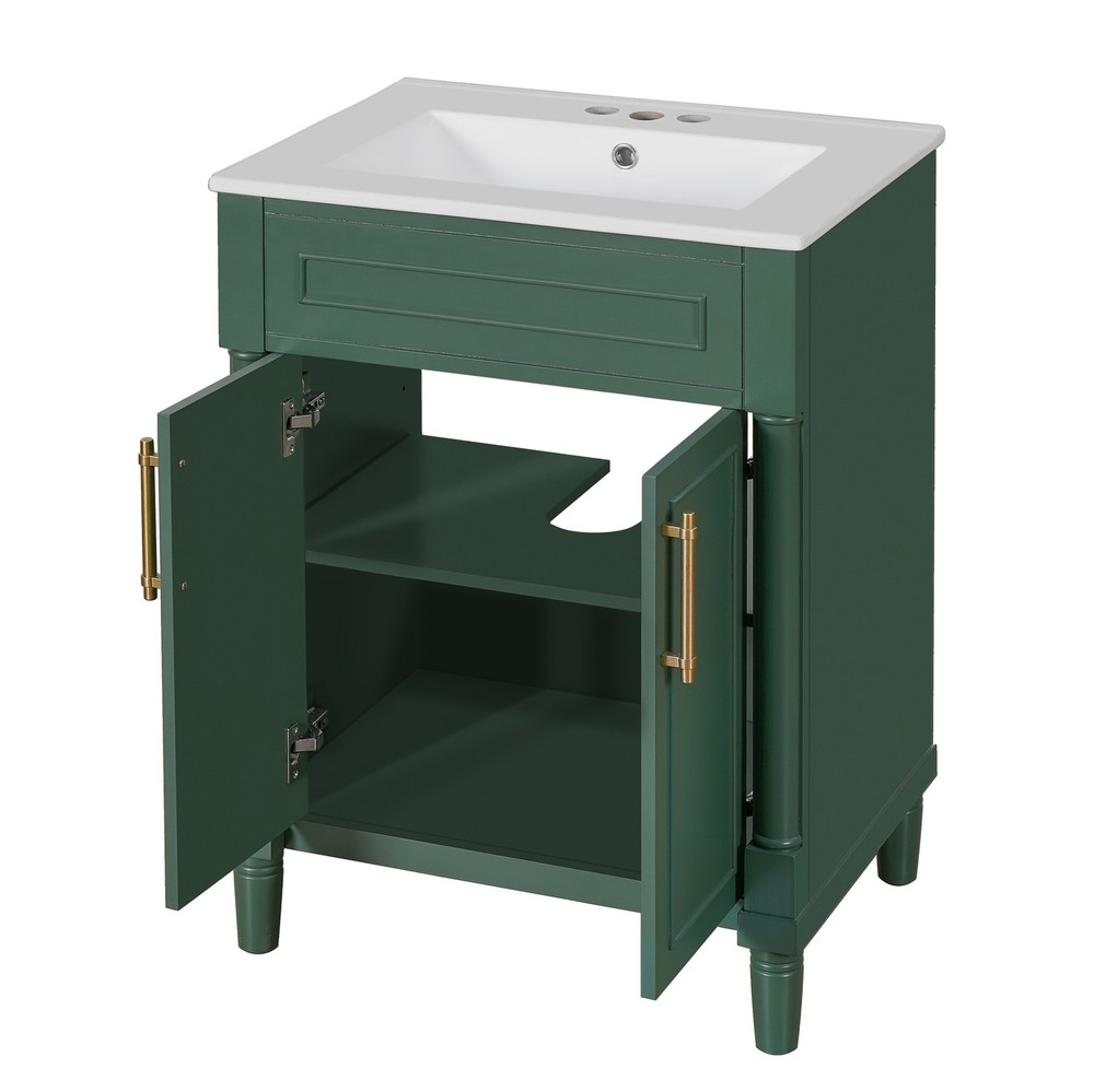 24 in Small Bathroom Vanity w/ Ceramic Sink & 2 Doors, Solid Wood&MDF, Green