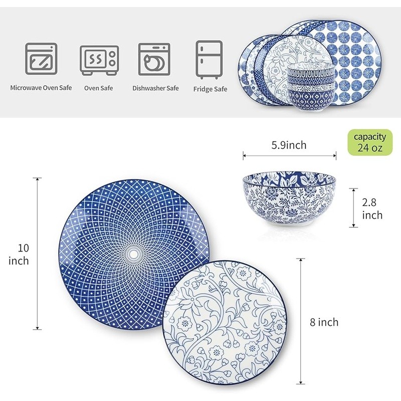 12 Piece Dinnerware Set Ceramic Plates Bowls Stackable Dishwasher Safe Floral US