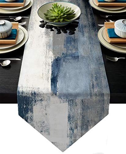 Table Runner,Blue Abstract Modern Art Burlap Table 13"x 71" Blue and Grey