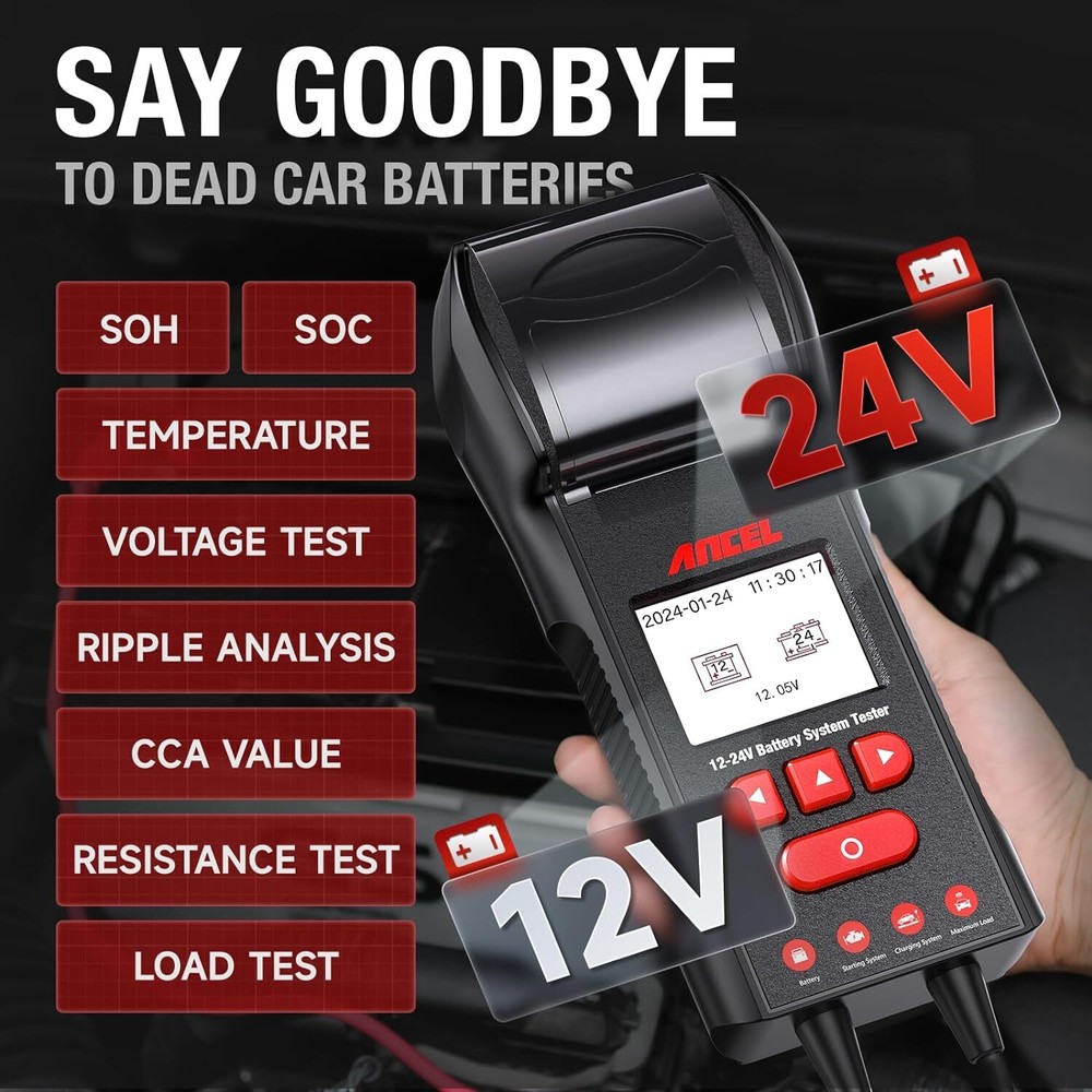 ANCEL BST600 Car Battery Tester Load with Printer 2V/24V 100-2000 CCA Analyzer