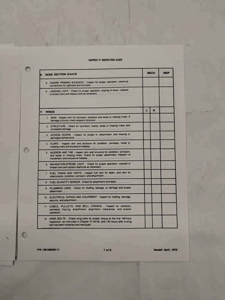 Beechcraft Model Skipper 77 Inspection Guide (12-Sets)-Original