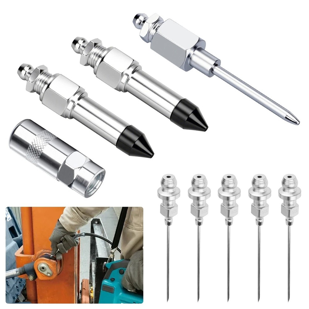 Professional Grease Gun Needle Nozzle Kit with Rubber Adapter Fitting 9Pcs Set