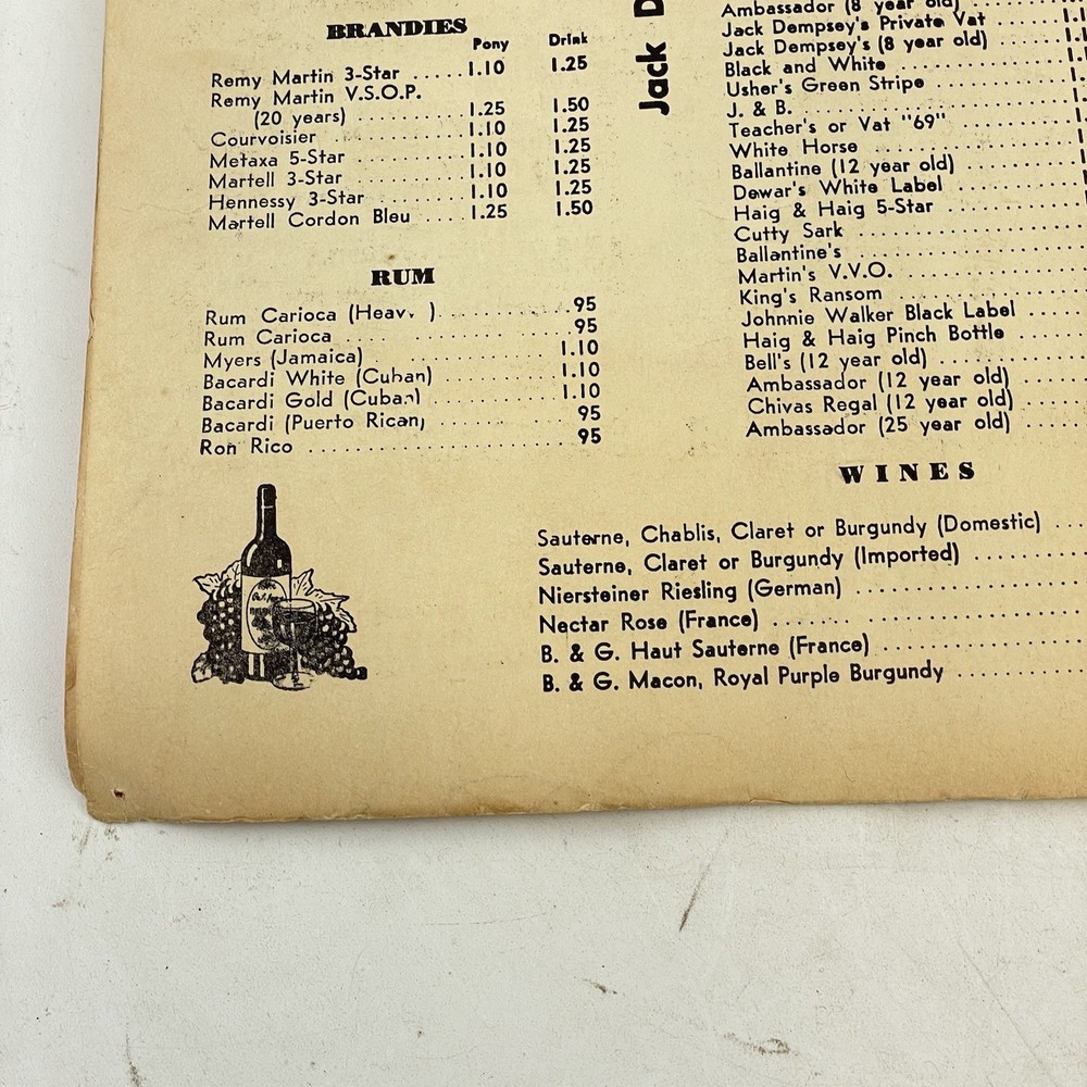 Jack Dempsey’s Restaurant Menu March 7 1971