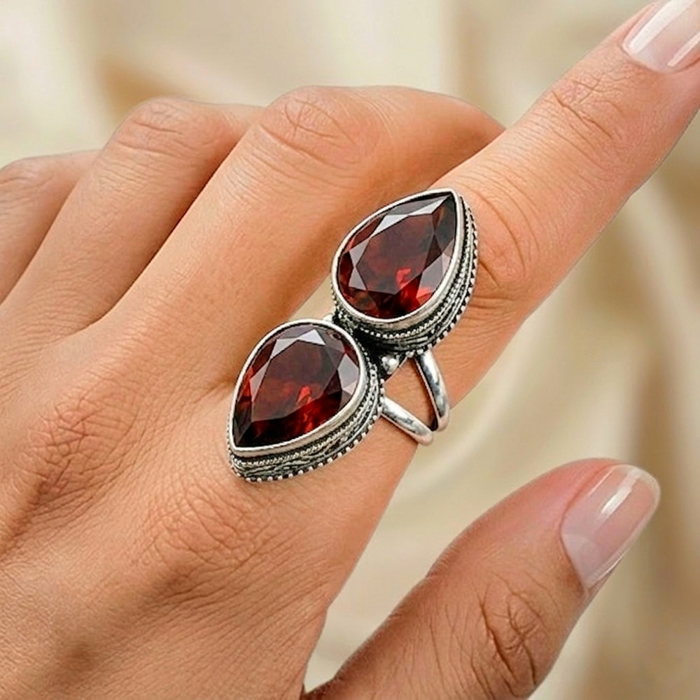 Red Garnet Gemstone Silver Ring 925 Sterling Silver Ring Silver Statement Ring