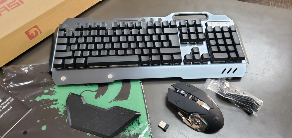 Wireless Gaming Keyboard and Mouse w/Rainbow Backlit Rechargeable Metal Panel.