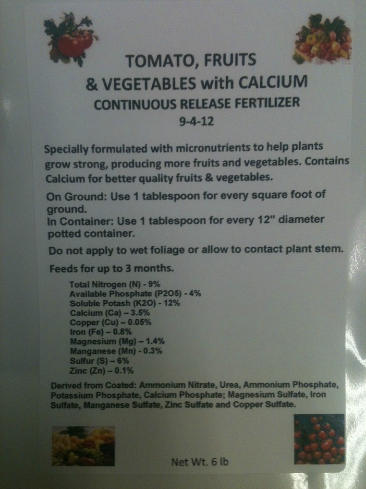 FERTILIZER TOMATO, FRUIT & VEGETABLE 9-4-12 with CALCIUM Continuous Rls 6 LB bag