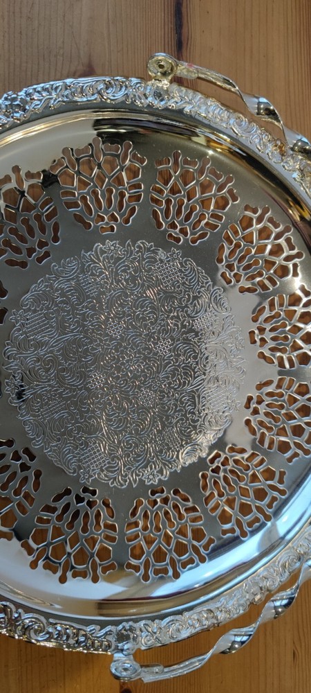 Vintage Silver Plated Cake Serving Plate. Pierced with Swing Handle - Prop/Decor