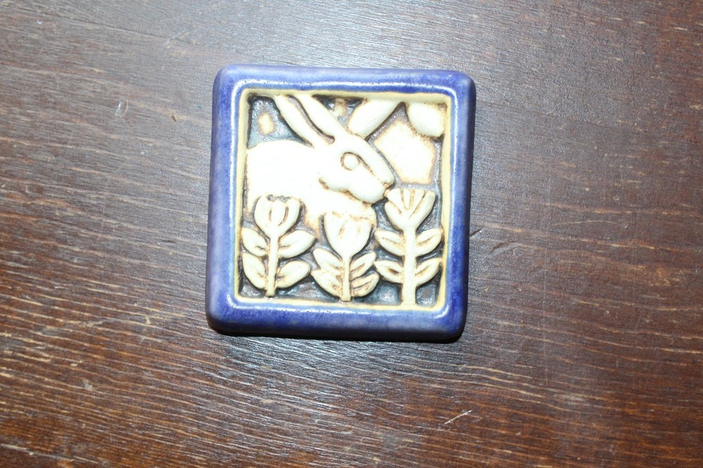 Carruth Studio Art Pottery Ceramic Mini Tile 1996 Rabbit Flowers Spring