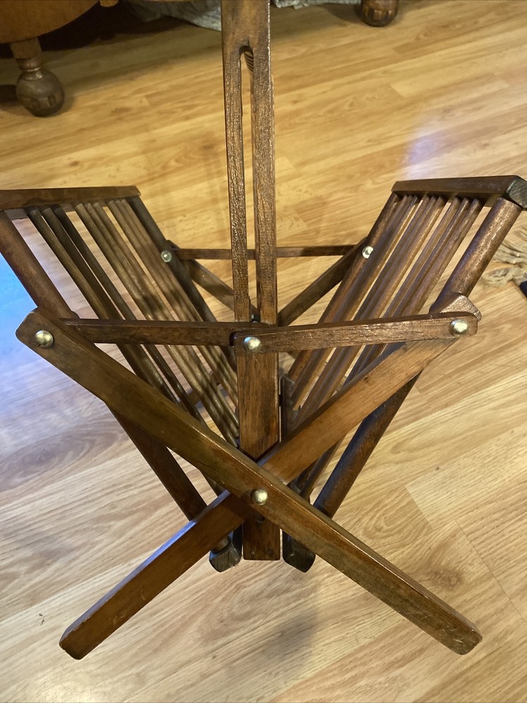 Vtg Folding Hinged Collapsing Wood Magazine Rack