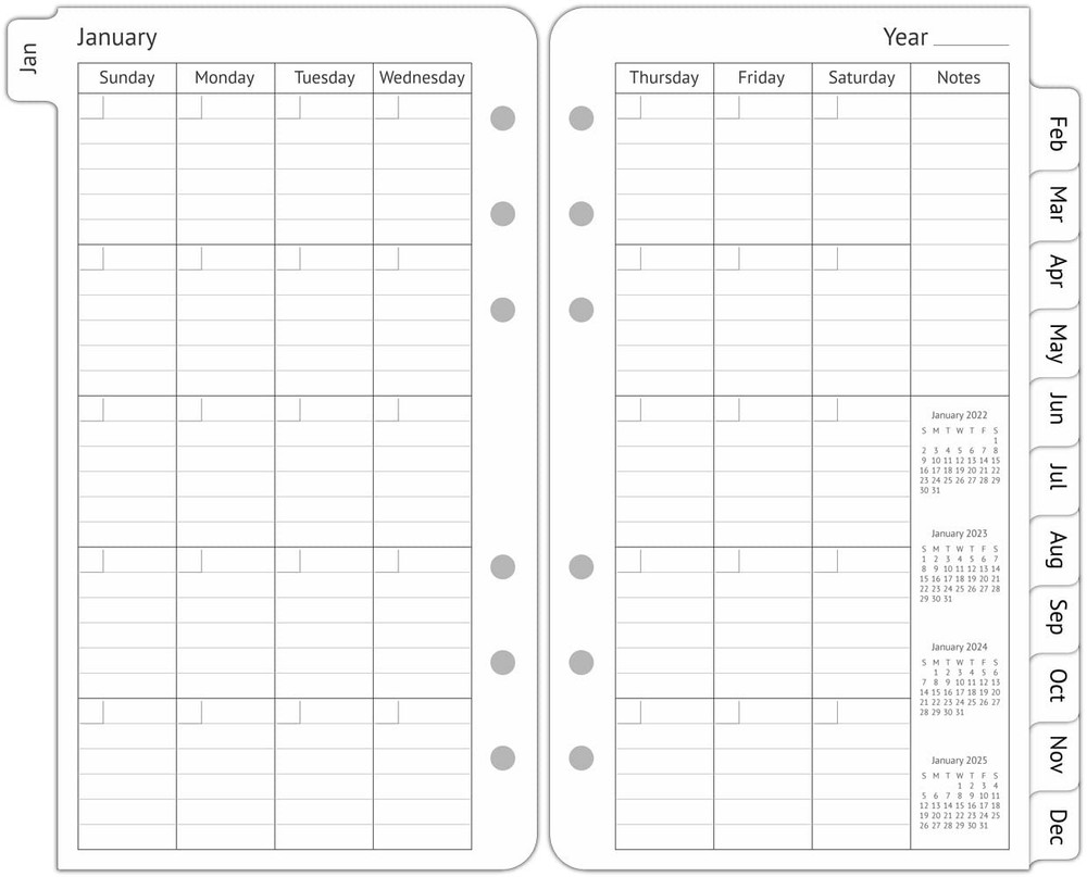 A6 Planner Refills Undated, 2-Page Per Week with Hourly A6/Personal, black