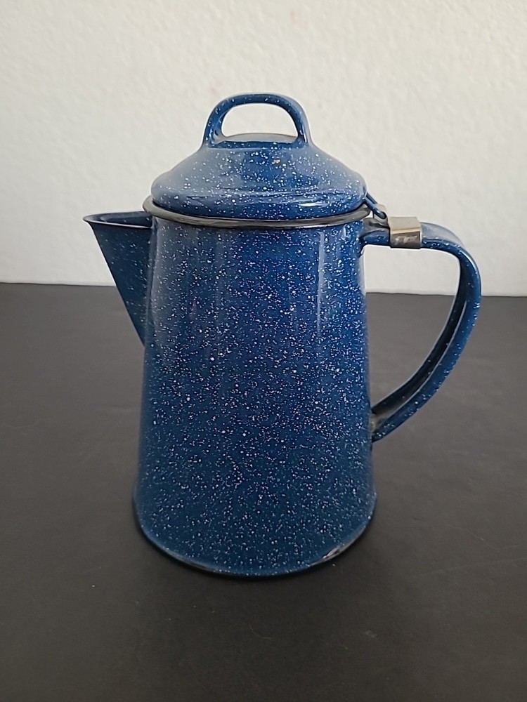 Blue And White Speckled Enamelware Coffee Percolator