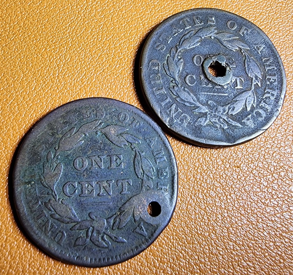 2 Coins - Both 1838 Coronet Head Large Cent Penny - Holed