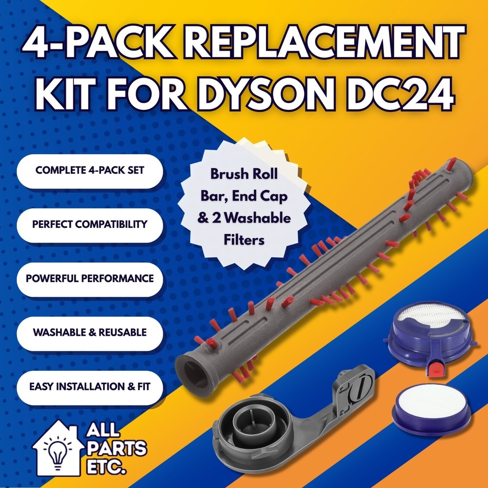 4-Pack Replacement Kit for Dyson DC24 – Brush Roll Bar, End Cap & 2 Filter