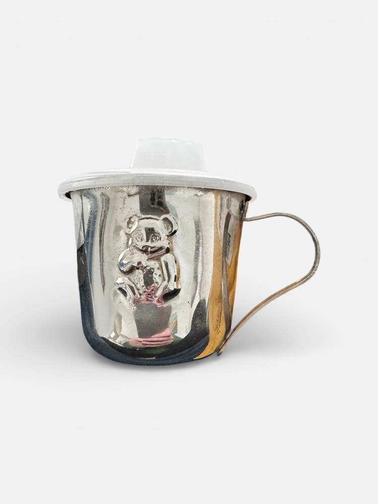 Vintage Silverplated Sippy Cup with Handle Bear Design With Lid