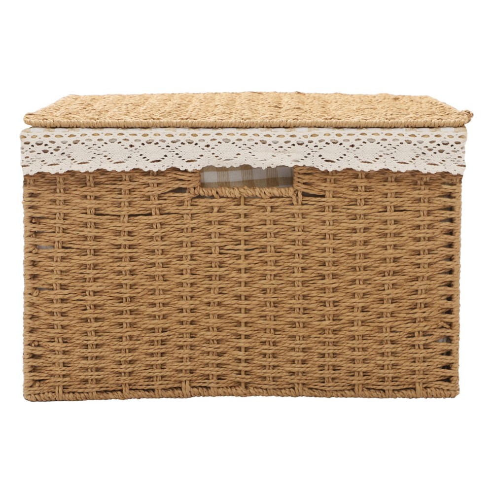 4 Pieces Light Brown Rustic Rectangular Woven Baskets With Handles Lace Lid