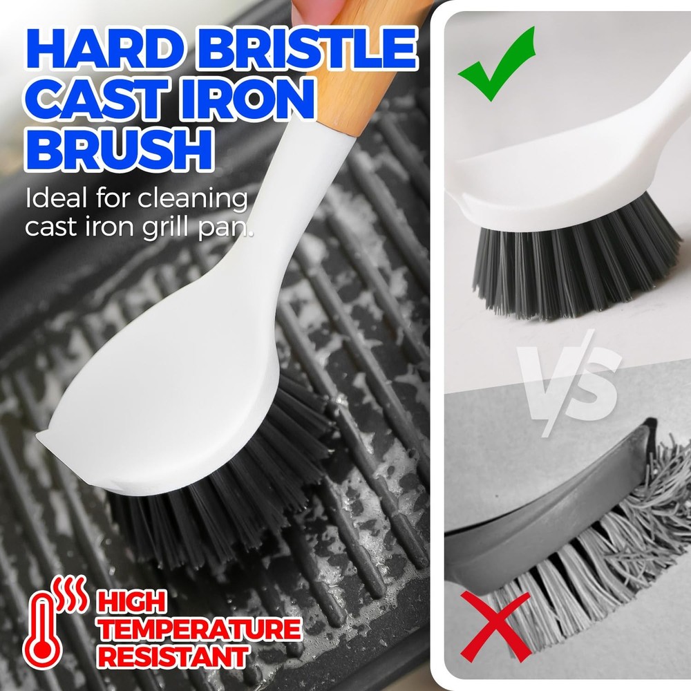 Holikme 3 Pack Dish Brush Set with Bamboo Handle, Kitchen Brushes for White