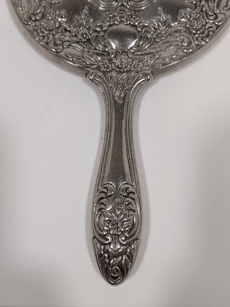 Victorian Hand Held Silver Plated Mirror Vintage