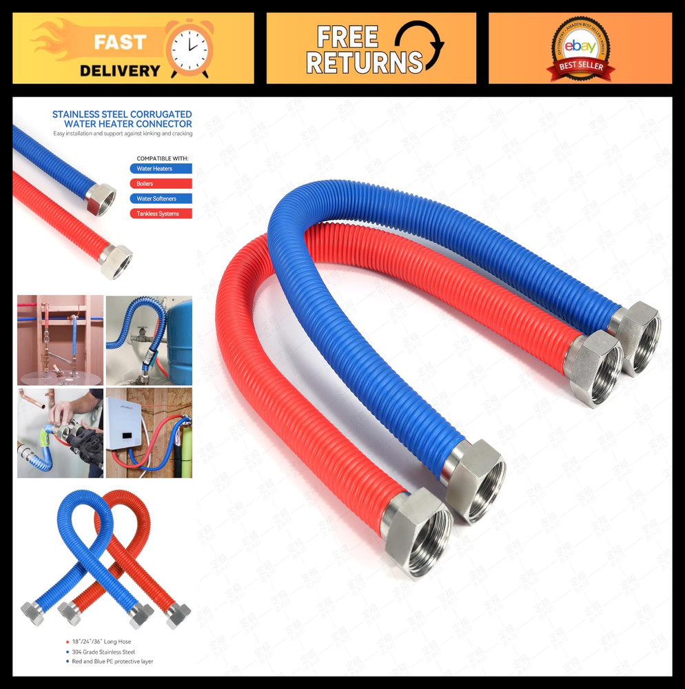 24" Flexible Stainless Steel Water Heater Connector 1/2" FIP, Hot/Cold Color Cod