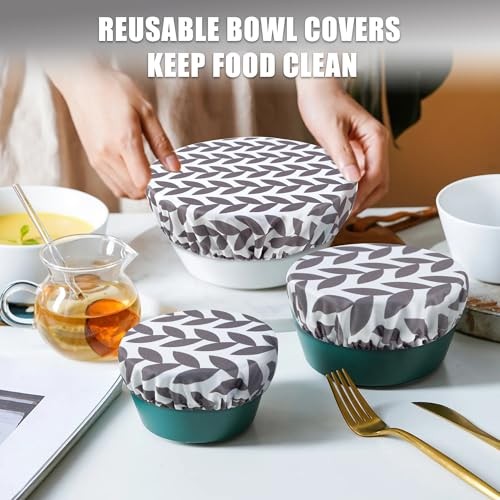 Elastic Reusable Bowl Covers for Bread Proofing, Fabric Cloth 3 Pack Grey Leaf