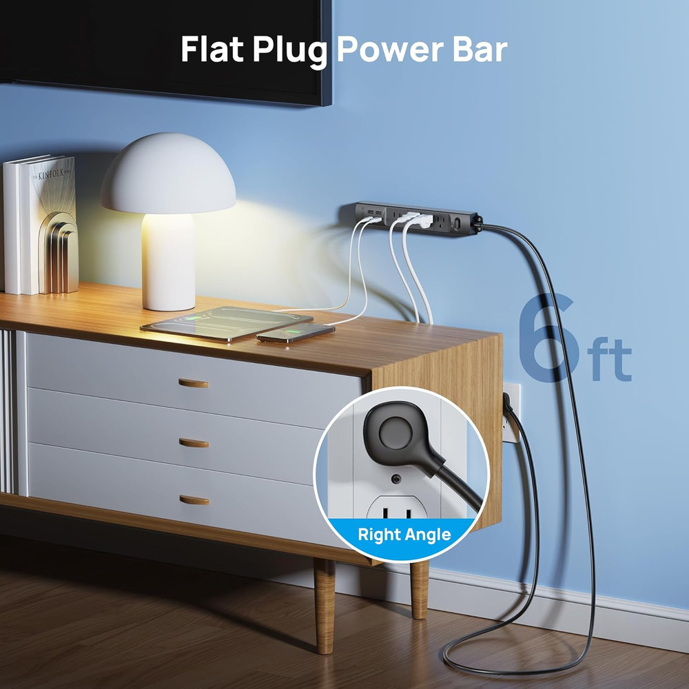 Surge Protector Power Strip with USB, Ultra Thin Flat Plug 6Ft Long Extension Co